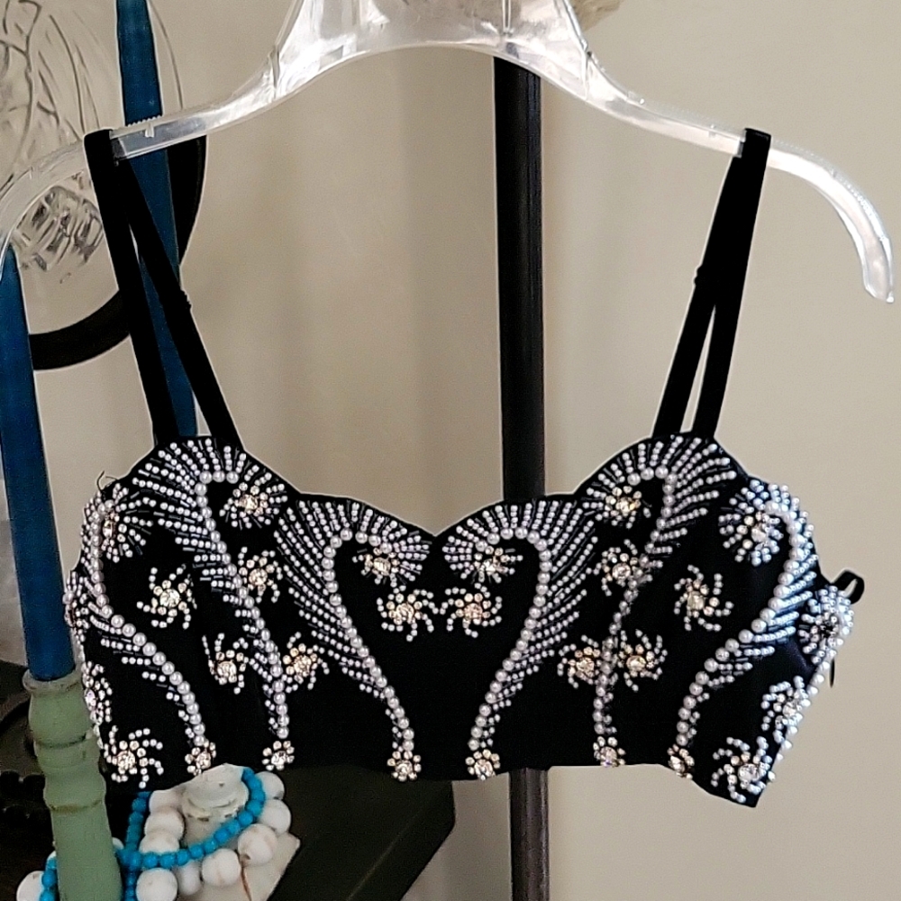 EXPRESS Bralette, Black with Pearl's/ Rhinstones, Sweetheart Scalloped Neckline